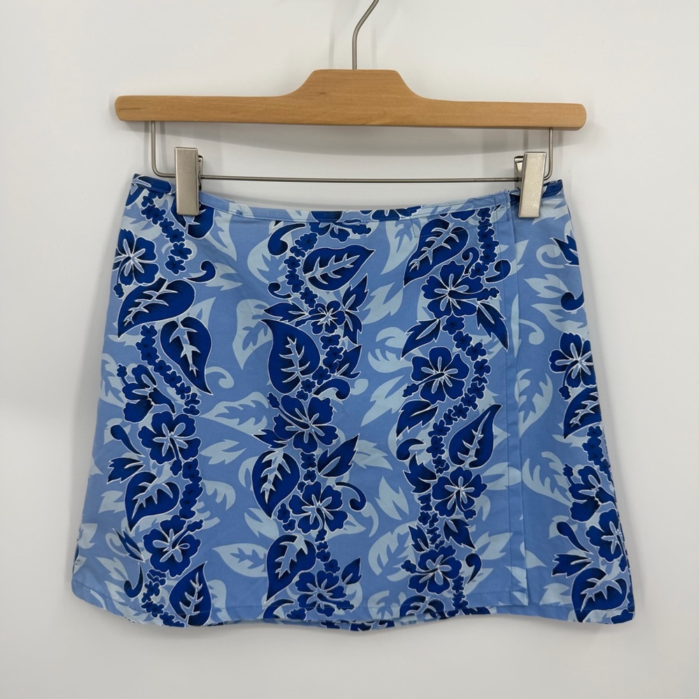 90s Vintage Miken Mini Skirt S Blue Hawaiian Hibiscus Floral Wrap Coconut Girl